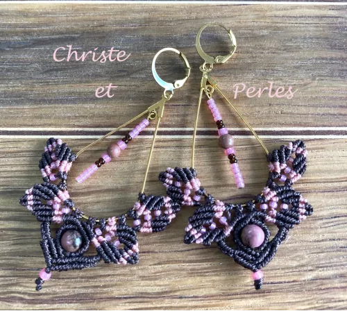 boucles d'oreilles macramé Elfiques Rhodonite boucles d'oreilles macramé Elfiques Rhodonite