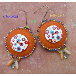 Boucles d'oreilles rondes cuir orangé et boutons