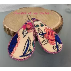 Boucles d'oreilles gouttes tissu floral rose et bleu marine