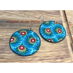 Boucles d'oreilles brodées tissu ethnique vert, bleu et rouge, taille XL