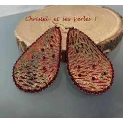 Boucles d'oreilles gouttes tissu rouge or