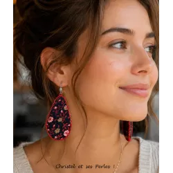 Boucles d'oreilles gouttes tissu floral rouge et noir