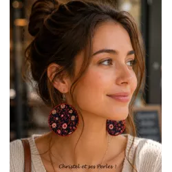 Boucles d'oreilles rondes XL tissu floral rouge et noir
