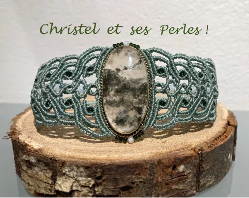 Bracelet macramé baroque et Agate mousse sertie