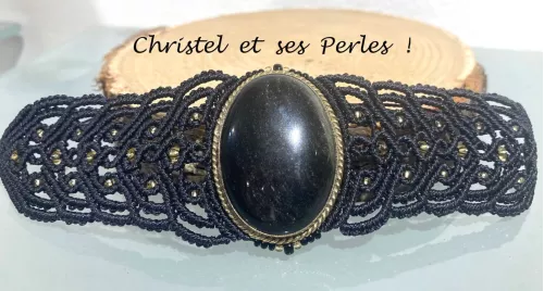Bracelet macramé baroque et Obsidienne dorée sertie Bracelet macramé baroque et Obsidienne dorée sertie
