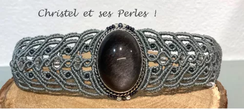 Bracelet macramé baroque et Obsidienne argentée sertie Bracelet macramé baroque et Obsidienne argentée sertie