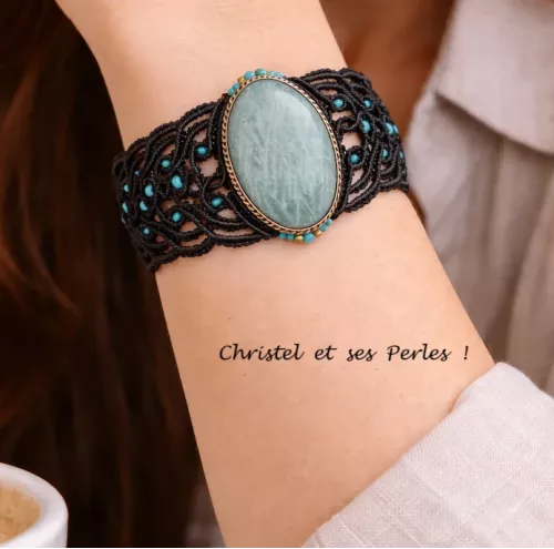 Bracelet manchette macramé baroque et Amazonite Bracelet manchette macramé baroque et Amazonite