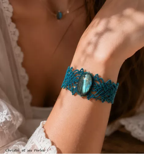 Bracelet macramé feuilles canard, et Labradorite