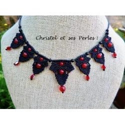 Collier macramé ras cou noir et perles Agate rouge