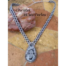 Collier macramé et Obsidienne flocon de neige sertie sur laiton argenté
