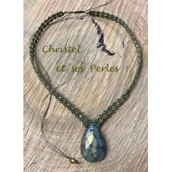 Collier macramé et Labradorite reflets verts dorés