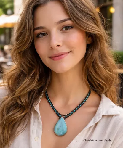 Collier macramé et Amazonite sertie Collier macramé et Amazonite sertie