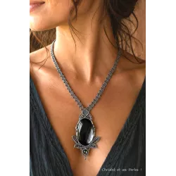Collier macramé et Obsidienne argentée Elfique