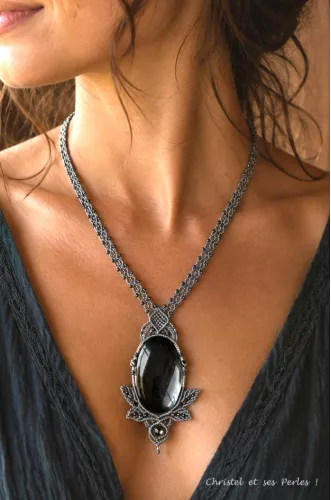 Collier macramé et Obsidienne argentée Elfique
