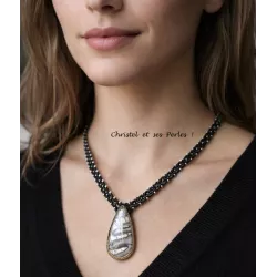 Collier macramé et Jaspe gris blanc serti
