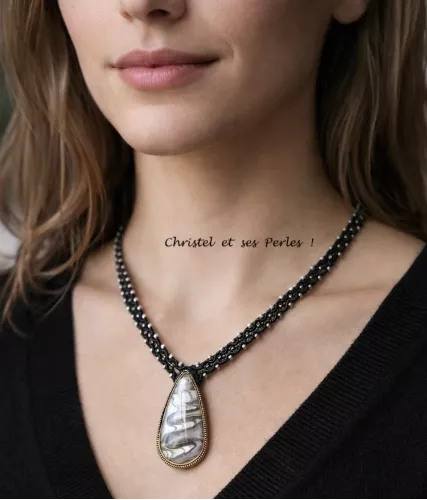 Collier macramé et Jaspe gris blanc serti Collier macramé et Jaspe gris blanc serti