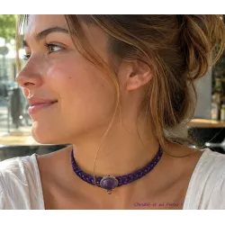 Collier ras de cou femme en macramé et Pierre fine naturelle en Améthyste