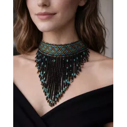 Collier ras cou galon tissu et franges perlées