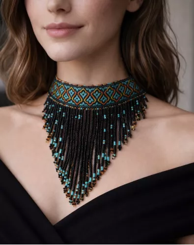 Collier ras cou galon tissu et franges perlées Collier ras cou galon tissu et franges perlées