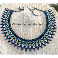 Collier perles tissé, géométrique, parme orange turquoise