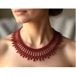Collier perles tissé, dentelle rouge rubis ou blanche