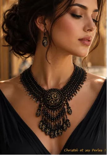 Ispahan, Collier perlé large et baroque, Noir et cuivré Ispahan, Collier perlé large et baroque, Noir et cuivré