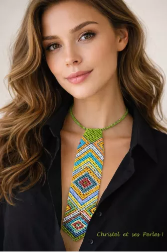 Collier Cravate dessins géométriques en perles