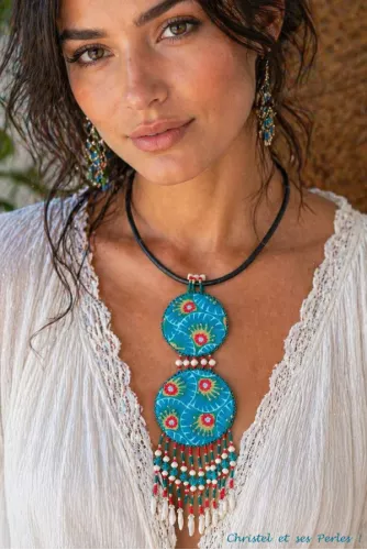 Eclat nomade : Collier double pendentif tissu et perles